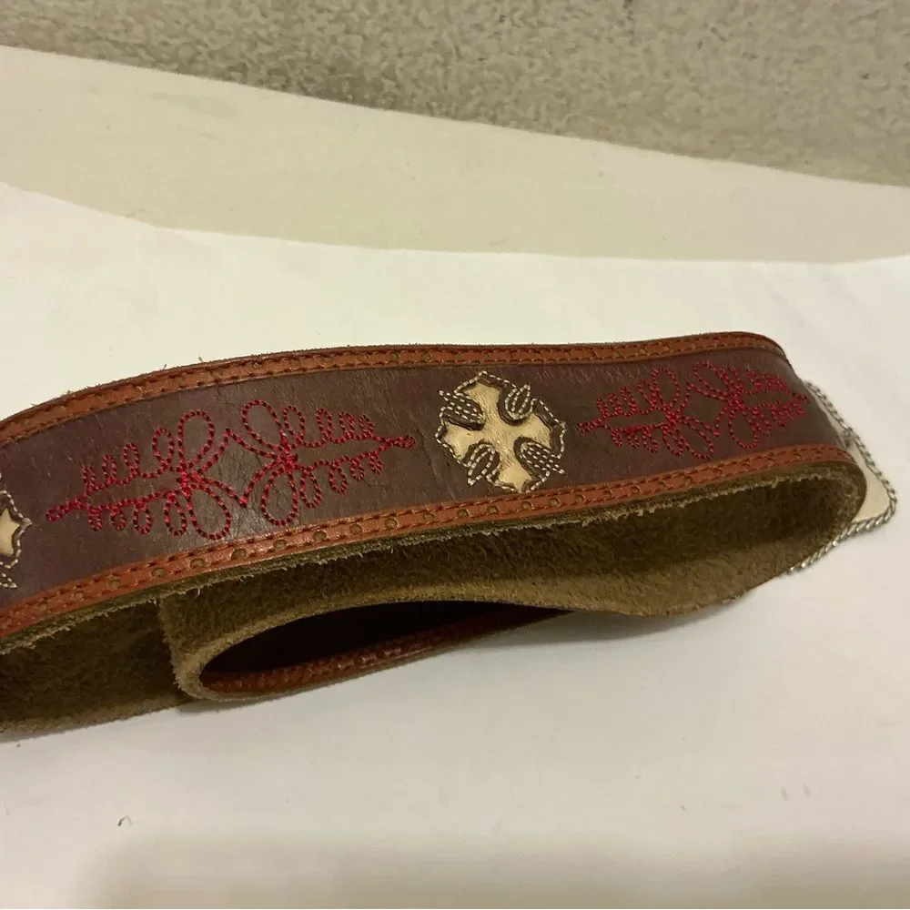 Enmon engraved rhinestone cross western Silver Buckle Belt with Red Accents
